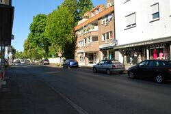 Das Foto zeigt die Dollendorferstrasse im Oberpleiser Zentrum. Rechts sind zwei Geschäfte zu sehen. Buchladen und Mode. Auf dem Seitenstreifen parken Autos. Hinter dem Buchladen beginnt der Mathildenkomplex mit Bäumen zur Straße hin. Sehr schön grün. Links sind nur ganz angeschnitten die Ladenlokale zu erahnen. Eine Fußgänger:in mit roter Kappe kommt in der Ferne entgegen. Dahinter das Apothekenschild.